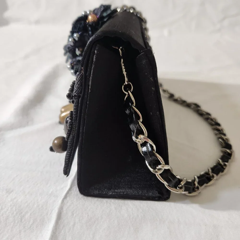 Women Vintage Small Black Satin Beaded Evening Shoulder Clutch Bag Formal Party